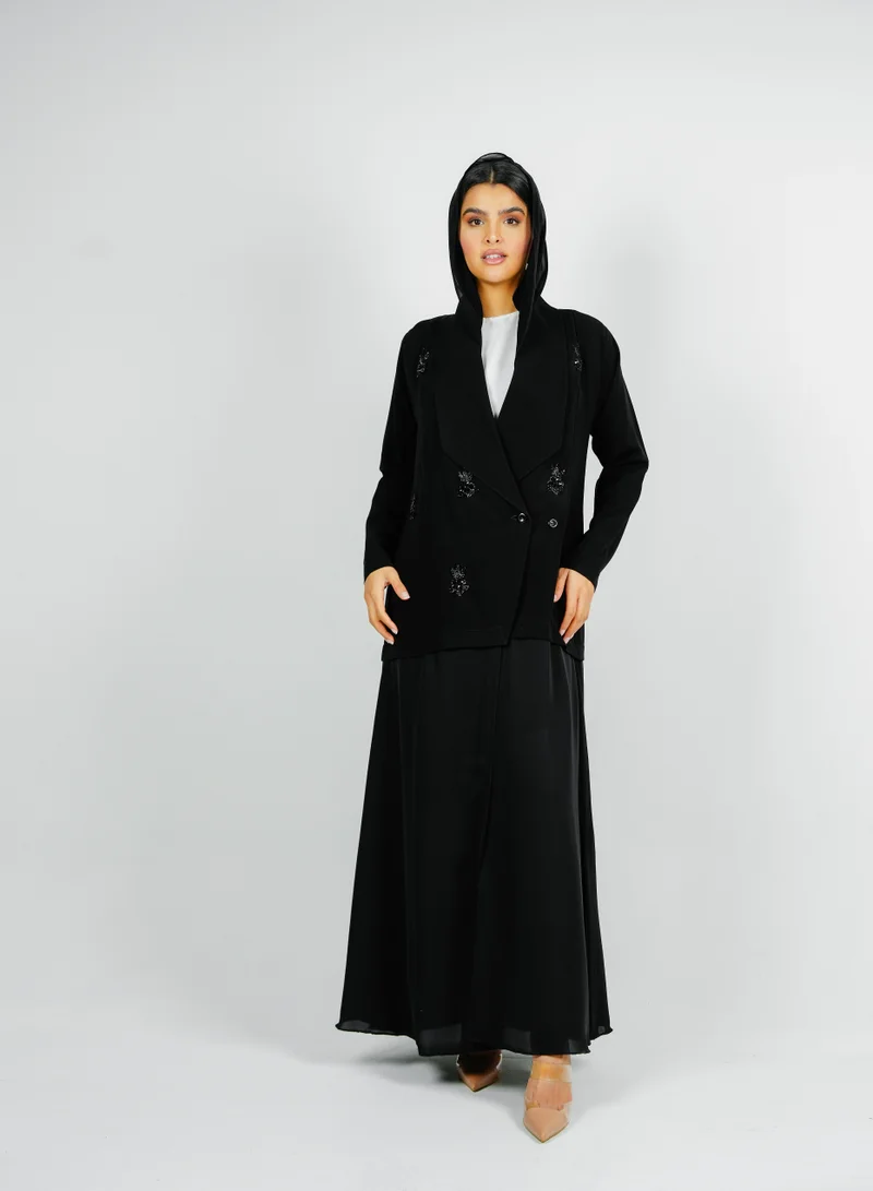 Rosette Abaya  Stylish Elegant Blazer  Abaya,with Mix Fabric design And Embroidery style for Women | Best Price UAE